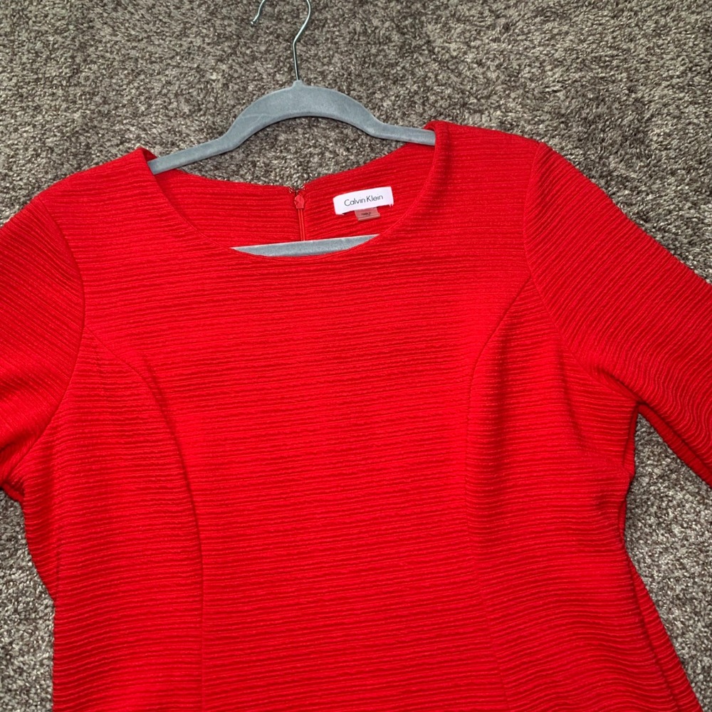 Calvin Klein Womens Red Ribbed Fit and Flare 3/4 Sleeve Dress CDJ00343 Size 14 - Picture 7 of 11